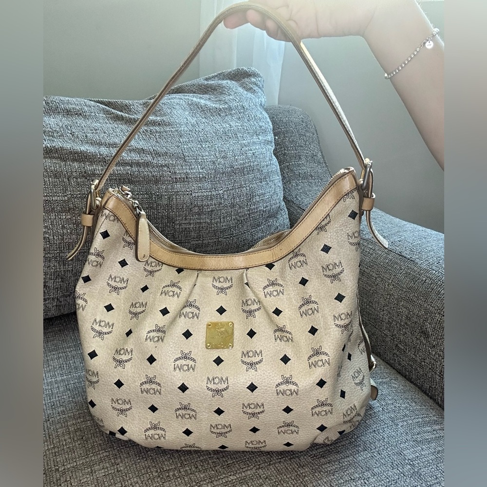 MCM Beige Logo Hobo Bag
